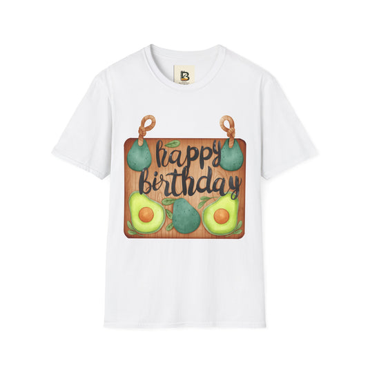 Happy birthday text on wooden sign decorate with avocado elements vibrant color watercolor hand draw